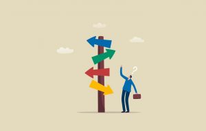 career-decisions-many-options-for-making-decisions-choice-of-business-or-job-businessman-thinking-with-question-and-confused-with-the-road-sign-or-guide-post-illustration-vector