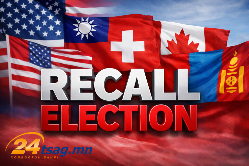 Recall election with flags backdrop